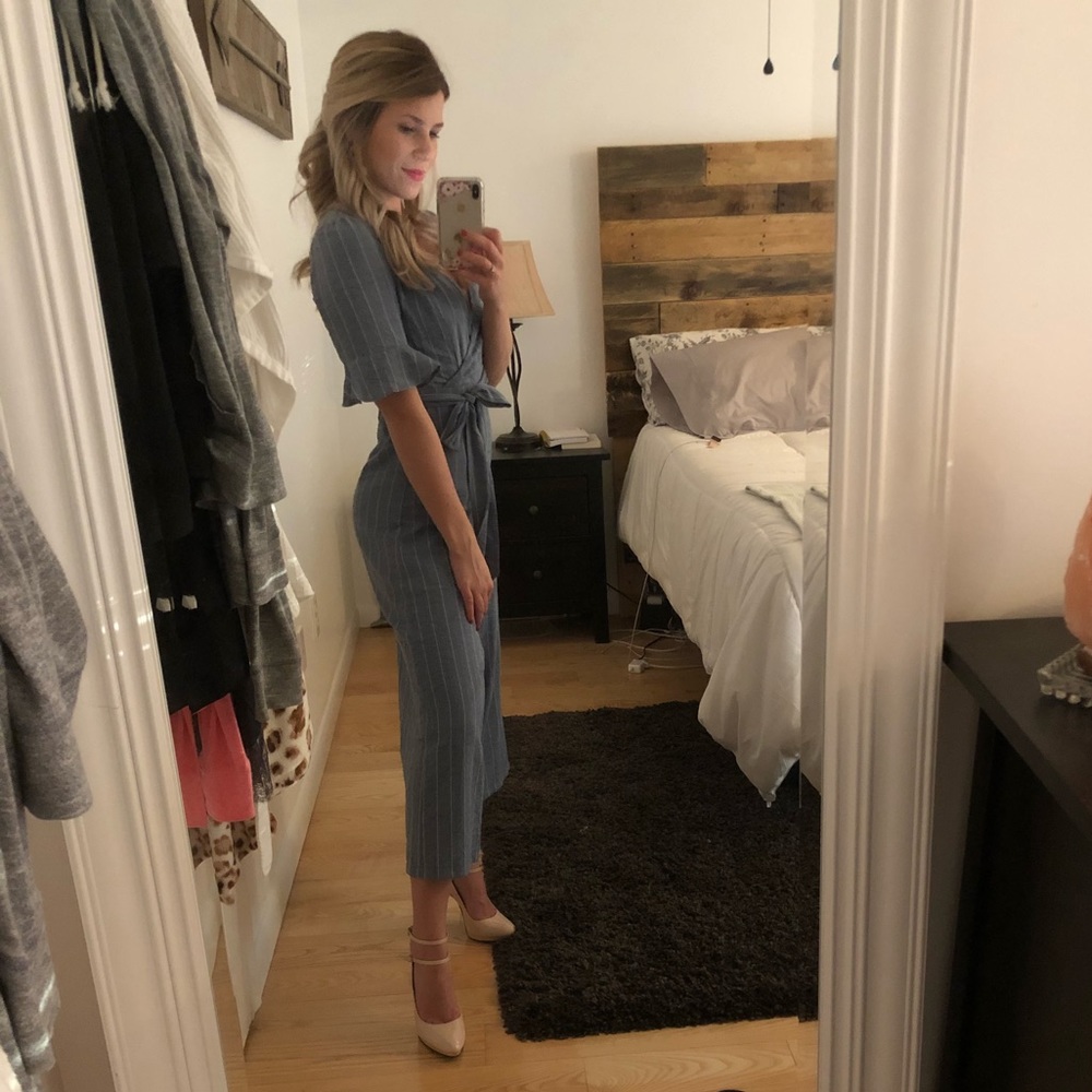 Striped culotte jumpsuit with tie waist